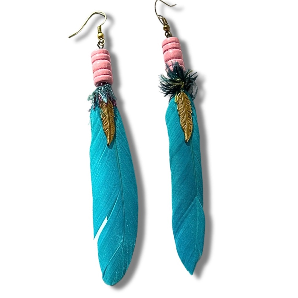 Handcrafted Boho Blue Feather Dangle Pierced Earrings With Pink Wood Beads